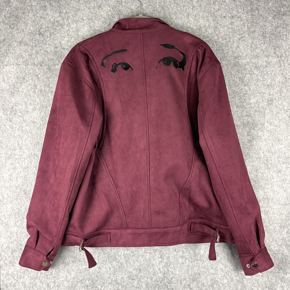 Cromwell Valley Faux Suede Moto Jacket Womens Large Burgundy Embroidered Stretch - Picture 12 of 16